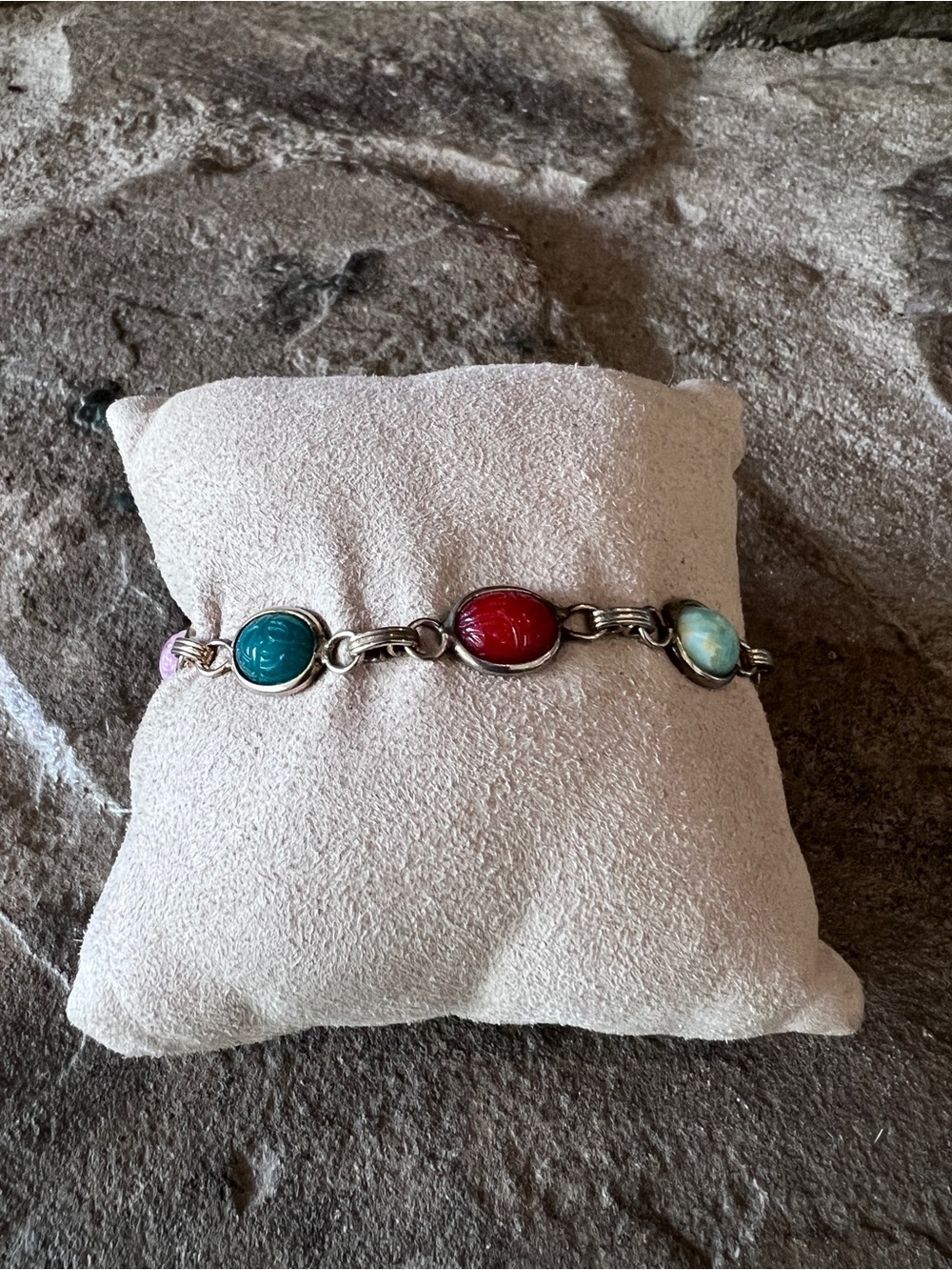 Vintage Scarab Multi-Stone Bracelet with Red, Turquoise & Light Blue Cabochons
